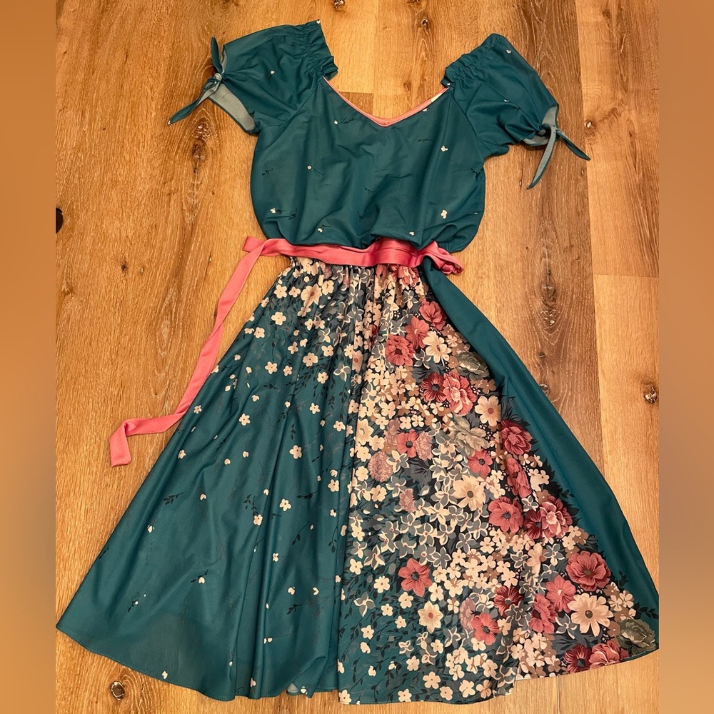 Vintage Teal and Pink Floral Midi Dress